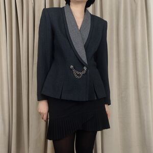 Vintage Kasper Gray Wool Blazer with Chain Accent